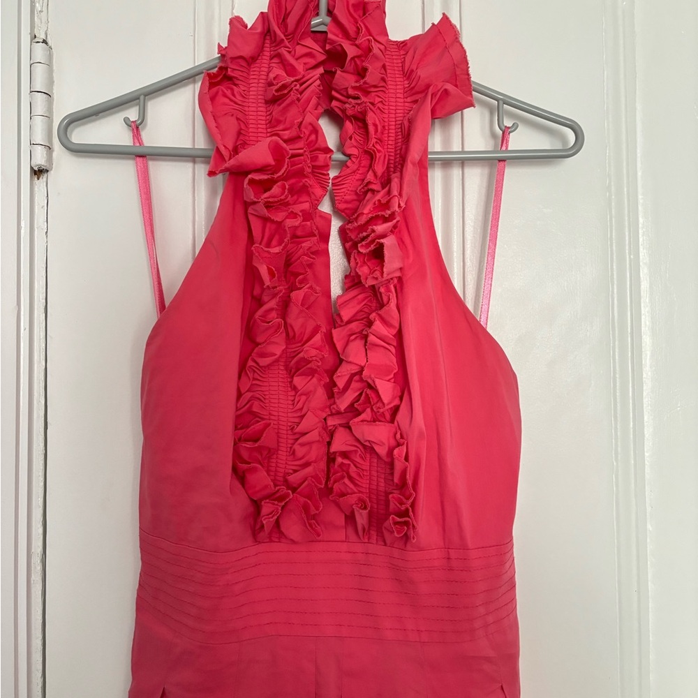BCBG - Women’s Pink Ruffle Halter Dress w Tie Back, Summer, Sundress, Size M